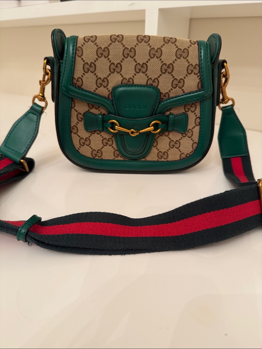 Gucci Beige GG Canvas Crossbody with Green Leather Trim and Gold Hardware